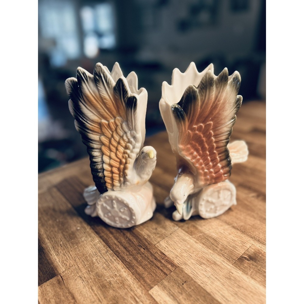 Vintage Ceramic Eagle Vases 9" Tall Pair Of 2 Grannycore Patriotic